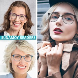 SUNAMOY Progressive Multifocal Reading Glasses Women Cat Eye No Line Multifocus Transition Blue Light Reader Lady Spring Hinge Metal Frame (Black+Purple, 2.5 Diopters)