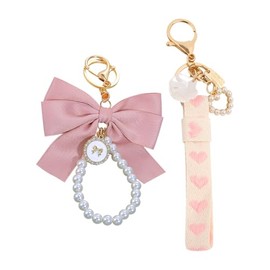 FSSTUD 2 Pcs Cute Bow Keychain Charms Pink Bowknot Keychain Pearl Ribbon Keyring Aesthetic Bag Charms Car Key Chain Pendants Women Key Ring Charms Decorative Purse Keychain