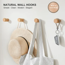 WOVRAN Wood Wall Hooks for Hanging, 6 Pack Rustic Coat Hooks Wall Mount, Handmade Wooden Pegs Hat Hook, Entryway Walls Hanger for Coat Purse, Boho Bathroom Towel Rack (Beech Wood)