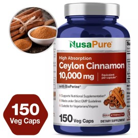 NusaPure Ceylon Cinnamon 10,000mg Per Caps | 150 Veggie Capsules | Non-GMO
