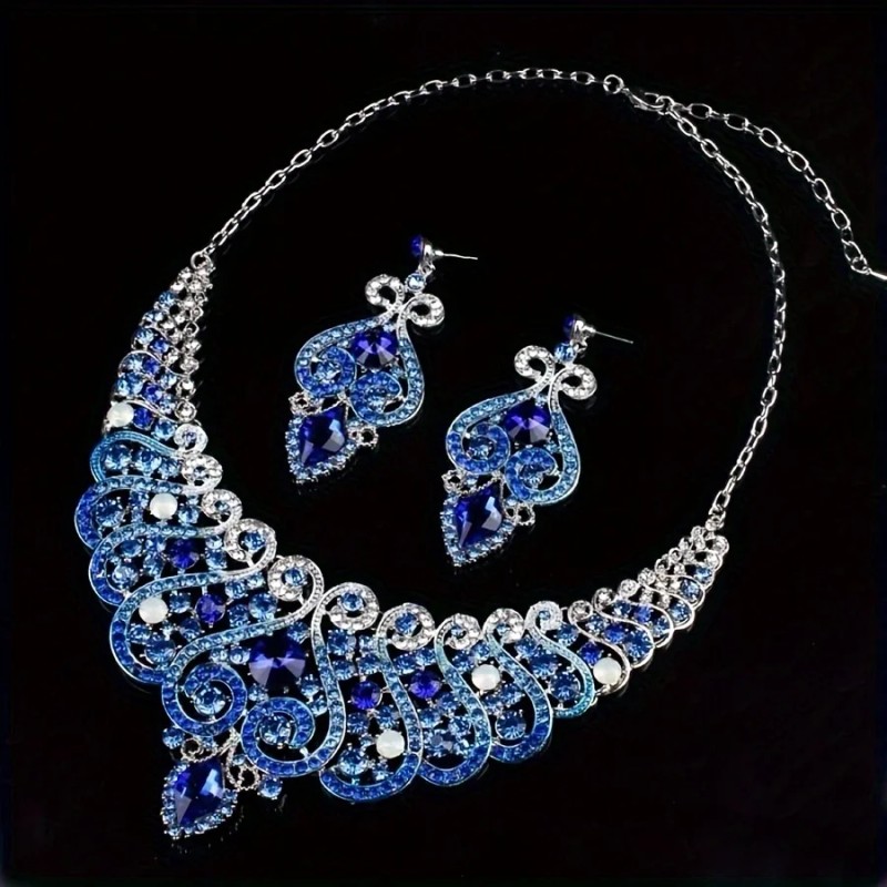 2pcs Luxurious Retro Style Blue Crystal Flower Necklace and Earrings