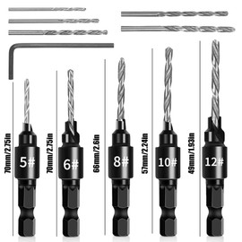 Whimsigulp Countersink Drill Bit Set, 5Pcs Quick Change 1/4" Hex Shank Adjustable Countersink Set – Replaceable Countersink Bits for Wood, Hex Wrench Included – Precision Counter Sink Drill Bits