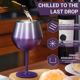 CALBODE Stainless Steel Wine Tumbler with Deatachable Stem,14oz Resuable and Insulated Metal Wine Glass with Anti-slip Base Versatile for Home,Outdoor Events, Picnics (Purple, No Lid)