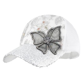 Meliyya Mesh Baseball Cap Rhinestone Butterfly Baseball Cap Summer Sequins Shield Cap Men Women One Size Adjustable, A08228-white