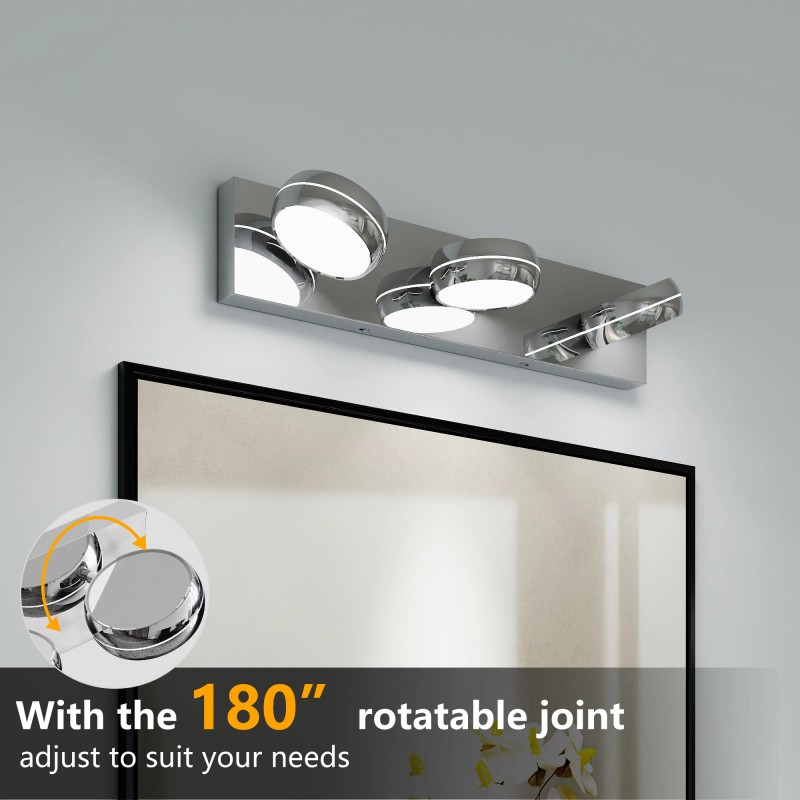 Modern Chrome LED Bathroom Vanity Light Fixtures, 3-Light Dimmable Wall