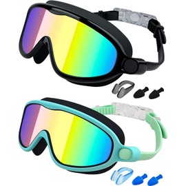 Rantizon Kids Swim Goggles 2 Pack, Wide View Swimming Goggles for Child 3-15, Anti Fog&UV No Leaking Goggles for Boys Girls