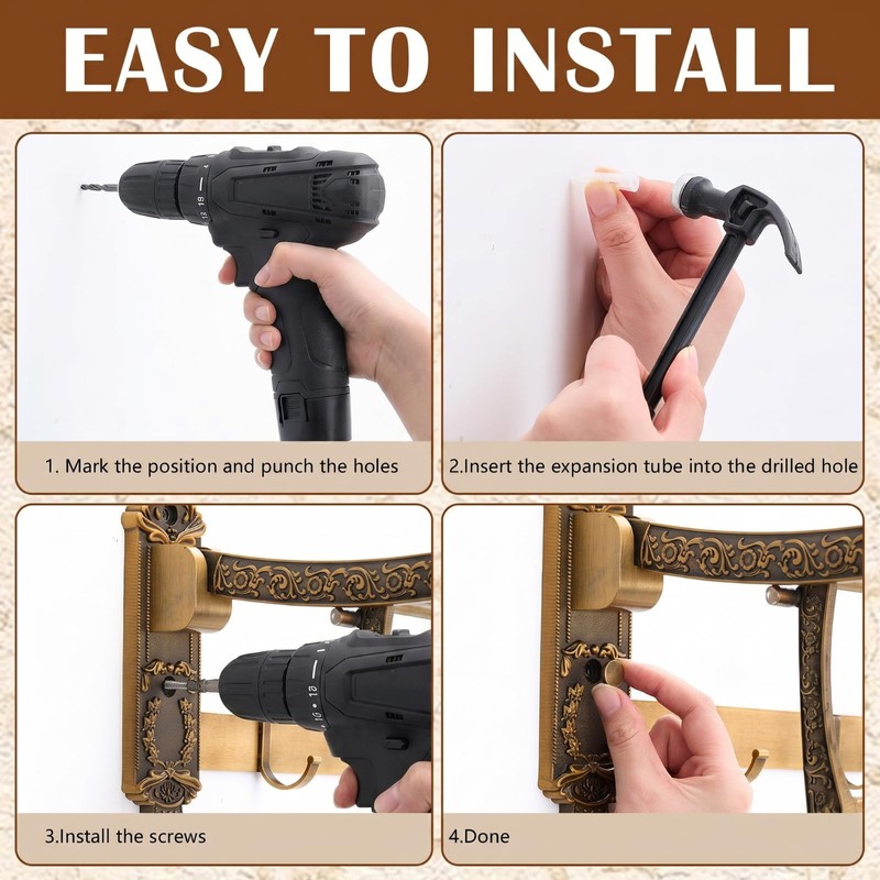 Otoolling Brass Foldable Towel Rack with Hooks, Foldable Wall Mounted