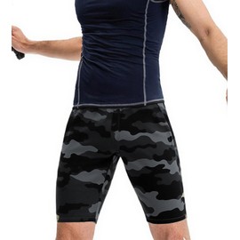 OVIYEGAIN - Pantalones cortos de compresión para hombre, con bolsillos, elastano, para correr, para correr, entrenamientos, rendimiento, negro (Camo Black), Large
