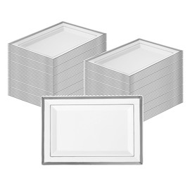 Restaurantware Moderna 7.5 x 5.3 Inch Premium Disposable Plates 10 Rectangular Plastic Plates For Parties - Silver-Rimmed Durable White Plastic Dinner Plates For Warm And Cold Foods