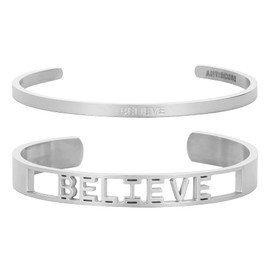 ANTISCORE BELIEVE Silver Stainless Steel Bracelet for Women, Engraved Whisper Cuff Bangle Bracelets Jewelry Gift for Wife, Sisters, Daughter & Friends (2PCS)
