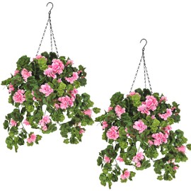 Magic Style Home 2 Set Artificial Flowers Hanging Baskets for Outdoor Indoor Summer Decoration,15" x 30" x15", Fake Silk Pink Geraniums in 9" Baskets Arrangements for Patio, Balcony, Yard Decor.