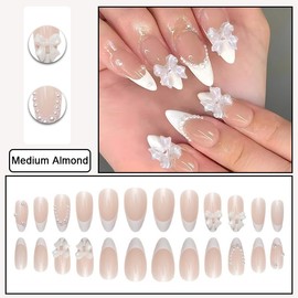 BAOYAALIN French White Press on Nails Almond Shaped Medium Fake Nails with 3D Pearls Bows Charms Design Full Cover Press ons Artificial Acrylic False Stick on Nail for Women Manicure 24Pcs