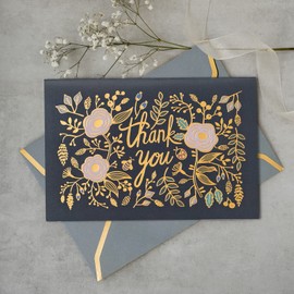 Prims & Flourish Thank You Cards with Envelopes, 24-Count, Midnight and Gilded Blooms, Gold Foil Floral Design, 4 x 6 Inches, Blank Inside Bulk Notes for Weddings, Baby Showers, Bridal Showers