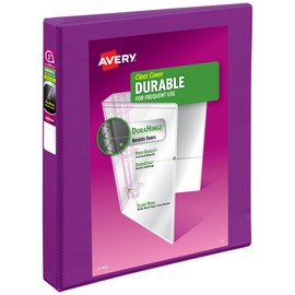 Avery Durable View 3 Ring Binder, 1 Inch Slant Rings, 250-Sheet Capacity, DuraHinge, 1.4 Inch Wide Spine, Customizable Clear Covers and Spine, 1 Bright Purple Binder (17294)