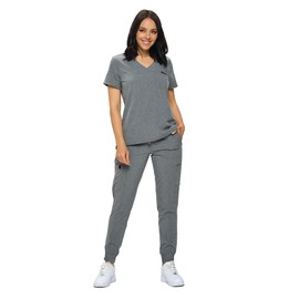 MONARCH UNIFORMS Stretchy Scrubs Women's Jogger Scrub Set In Regular and Petite Jogger Scrubs with Tuck-In Top for Women(Heather Gray-3X)