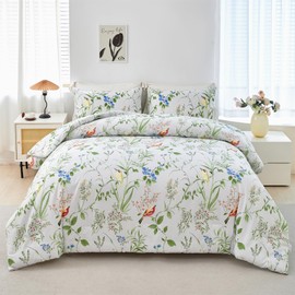 RYNGHIPY Birds Print Comforter Set Garden Style Floral Leaves Bedding Set Twin Size Soft Fluffy Microfiber Bed Sets Reversible Design (Green-White,Twin)