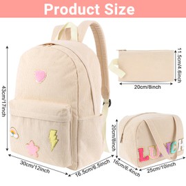Kolewo4ever 3 Pieces School Backpack Set Back to School Gift Corduroy Chenille Letter Bookbag with Lunch Bag and Pencil Pouch for Teen Girls Women Laptop Backpack College Bookbags