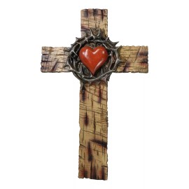 Rustic Western Faux Wooden Sacred Heart with Crown of Thorns Decor Wall Cross