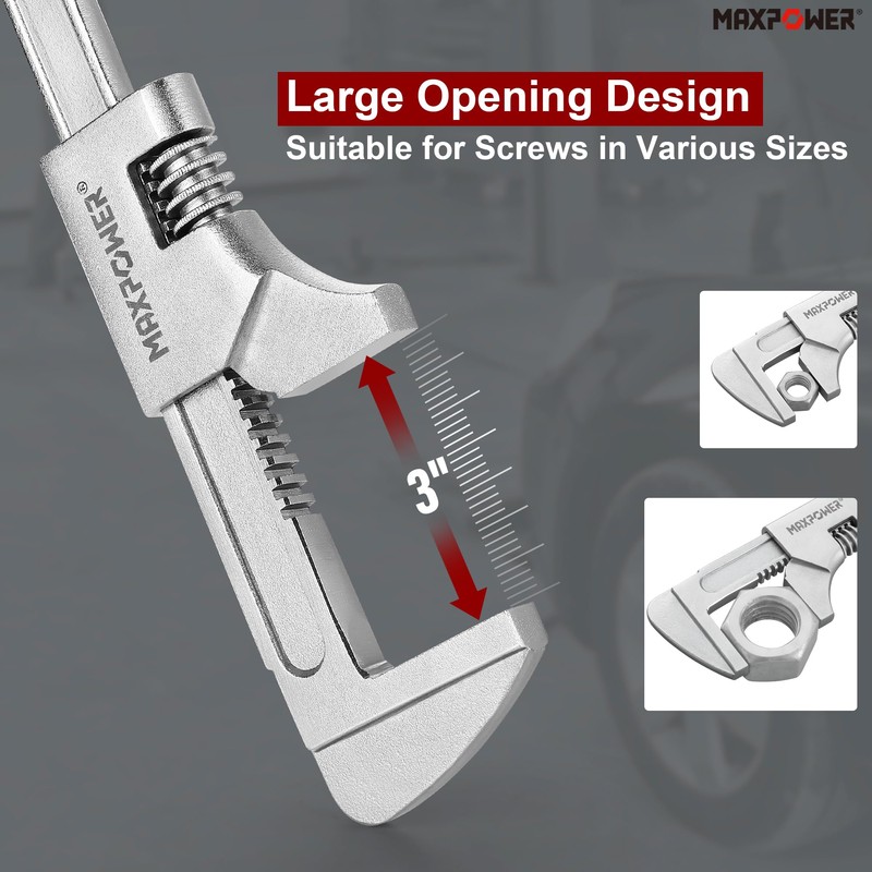 MAXPOWER 11" Automotive Wrench, Adjustable Wrench Wide Jaw Opening 3",