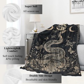 VODRM Mystic Snake Blanket Celestial Moon Throw Blankets,Birthday Gifts for Kids Adult,Lightweight Soft Fleece,with Astrology Butterfly,Sofa Couch Bed Room Horror Spiritual Decor 50x60in