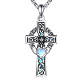 AXOMY Celtic Cross Necklace 925 Sterling Silver Four Leaf Clover Claddagh Pendant Necklace Celtic Irish Jewelry Gifts for Women Men