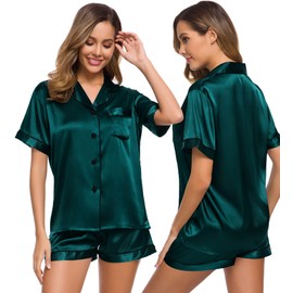 SWOMOG Womens Silk Satin Pajamas Set Short Sleeve Button Down Sleepwear Loungewear 2 Pcs Pj Sets Dark Green with Black Piping Medium