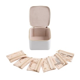 Frebeauty Small Travel Jewelry Box,Travel Jewelry Case with 6 Pouch Bags,Portable Travel Jewelry Organizer,Mini Jewelry Storage,3.35 x 4.9 x 4.8 Inches,Gift Idea for Women Girls (White)