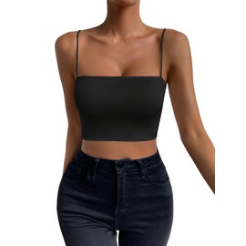 WDIRARA Women's Spaghetti Strap Solid Crop Cami Top Sleeveless Basic Cami Tank Tops Black XS