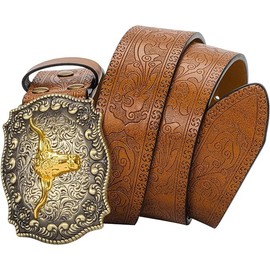 CaySep Western-Cowboy-Belts for Women Men Vintage Floral-Engraved Bull Head Buckle Cowgirl-Waist-Belt for 64 to 97cm Waist