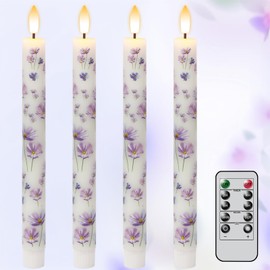 Eldnacele Flameless Taper Spring Candles with Remote and Timer, Battery Operated 3D Wick Real Wax Flickering Purple Flowers Decal 4 PCS LED Candles for Wedding Dinner Holiday Spring Decor