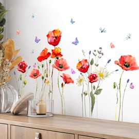 Tanlaby Red Poppy Flowers Wall Stickers Watercolor Floral Butterfly Wall Decals Peel and Stick Art Decor for Girls Bedroom Living Room TV Background