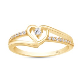 Bypass Heart Promise Ring for Women 1/10 Carat Round Cut White Natural Diamond Ring in 14K Yellow Gold Plated 925 Sterling Silver Jewelry Gift for Her (0.10 ctw) I-J Color I2-I3 Clarity Size-6.5