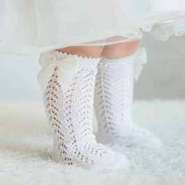 PythJooh 2/5Pairs Baby Girl Knee High Knit Socks Kid White Crochet Openwork Stocking Socks with Bow 0-5Years