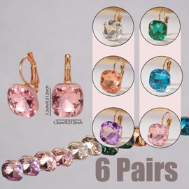 6 Pairs Multicolor Square Austrian Crystal Drop Earrings for Women 14K Gold Plated Leverback Hypoallergenic Dangle Earrings Wedding Party Daily Fashion Jewelry Set