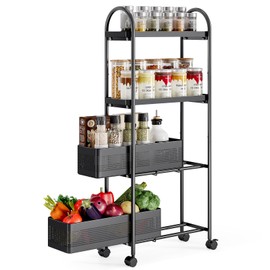 KINGRACK 4-Tier Slim Storage Cart with Pull Out Basket, Rolling Bathroom Organizer Utility, Metal Shelving Unit Slide Out, Lockable Wheels, Easy Assembly for Narrow Place, Kitchen, Laundry Room, Black