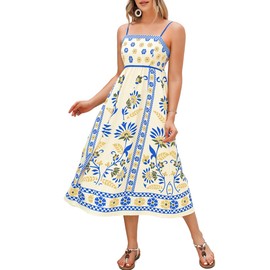 ChiaoLezhee Boho Midi Dresses for Women, A-Line Floral Sundress, Empire-Waist Spaghetti-Straps Flowy Long Dress,Blue and Yellow,Large