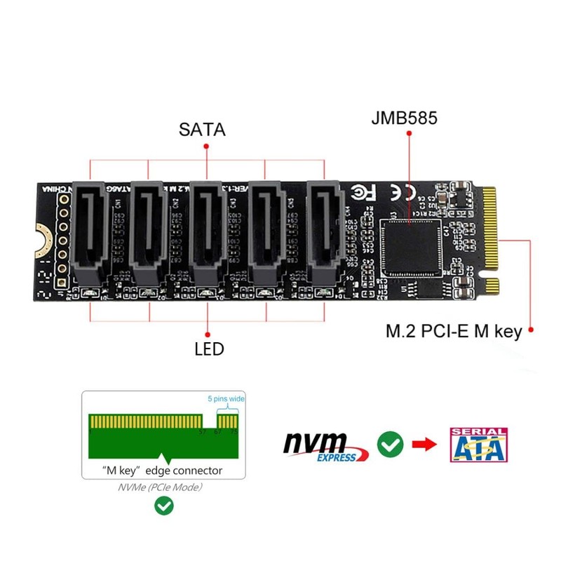 ChenYang 5 Ports M.2 to SATA Adapter, M Key NVME