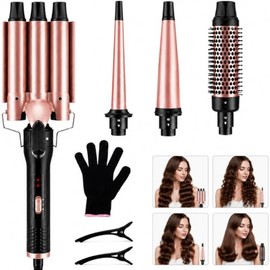 4 en 1 Rizador de Cabello Profesional Set, Tecnología Cerámica de Turmalina | Tenaza para Rizar con Temperatura Ajustable, 3S Calefactor Rápido, Rizos Duraderos y Sin Daños, con Guante y 2 Clips