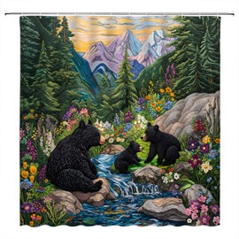 GCTNBJL Cabin Bear Shower Curtain Green Nature Pine Tree Forest Wild Animal Black Bear Colorful Flower Mountain Vintage Rustic 70x70(WxH) Inches Bathroom Decor Fabric Curtain with Hooks