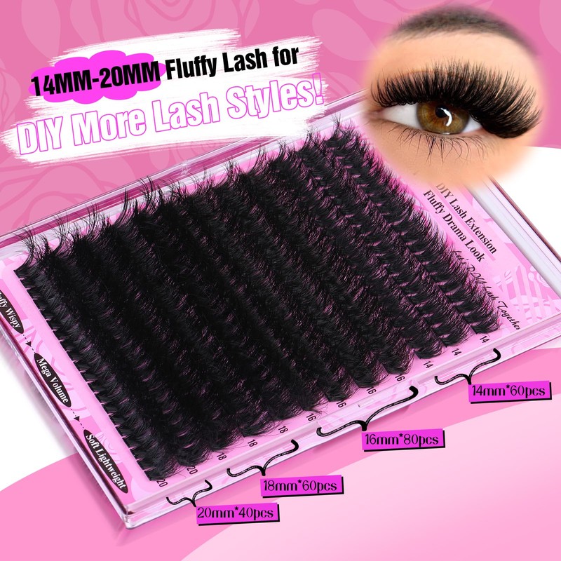 Yawamica Fluffy Lash Clusters Thick 200D Volume Eyelash Clusters 14-20mm
