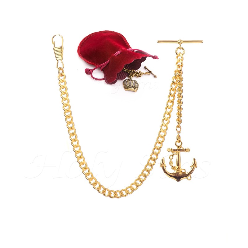Gold Colour Single Albert Pocket Watch Chain With Anchor Pendant