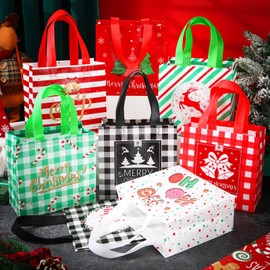 Sweetude 48 Pcs Christmas Gift Bags Reusable Small Christmas Tote Bags with Handle Non Woven Xmas Party Favor Wrappers for Xmas Party Supplies, 7.8 x 7.8 x 3.5 Inch (Fresh)
