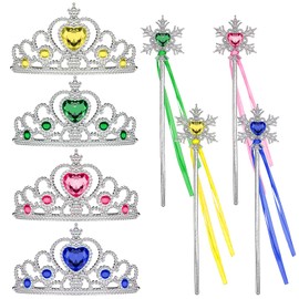 EQLEF Princess Crowns for Girls, Kids Tiara and Wand 4 Set Crowns Party Crystal Crown Princess Dress up Hair Jewellery Birthday Tiara Gift for Girls 3-12 Years (yellow, green, hot pink and dark blue)