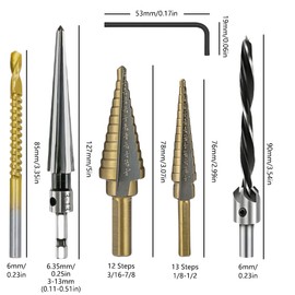 Woodworking All-in-One Drill/Reamer Set, 5 Titanium Step Bits, Side-Cutting Bits, Countersink Bits, Tapered Reamers for Wood, Metals, Plastics, Plastic Case
