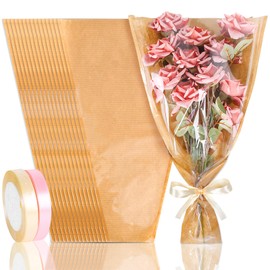 Whaline 50 Pcs Kraft Flower Wrapping Bags Mother's Day Clear Floral Bouquet Cellophane Sleeves with Ribbon Brown Florist Packaging Supplies for Wedding Graduation Anniversary Birthday, Large