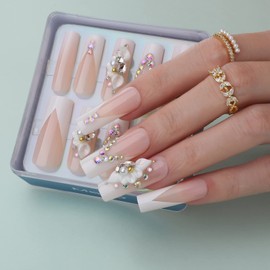 MqpQ Square Press On Nails Long Luxury 3D Petal Pink French Fake Nails Flower Design UV Finish False Nails Crystal Artificial Nails for Women and Girls 24pcs