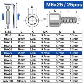 TXXATX Pack of 25 Cylinder Head Screws M6 x 25 mm Screws Stainless Steel A2 V2A DIN 912 Hexagonal Screws Cylinder Screws with Hexagon Socket Full Thread Allen Screws for Mechanical Furniture Repair