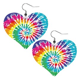 Tie Dye Colorful Print Faux Leather Earrings For Women Lightweight Heart Dangle Earrings Gift