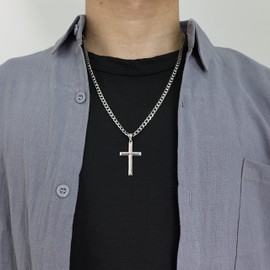 Cameido 925 Sterling Silver Cross Necklace for Men Women with Stainless Steel Durable Cuban Link Chain Polished Beveled Edge Cross Chain Pendant Necklace Jewelry 22 Inches