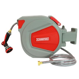 Chapin 5999: 65 ft. Retractable Garden Hose Reel, Wall Mounted Heavy-Duty Case and 180° Swivel Frame Mount, Auto Retract and Locking Hose, w/ 10 Position Metal Garden Hose Spray Nozzle